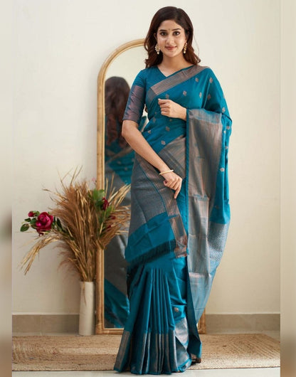 Teal Blue Soft Silk Saree With Zari Weaving Work