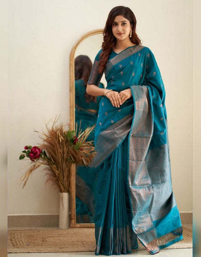 Teal Blue Soft Silk Saree With Zari Weaving Work