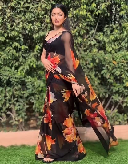 Black Soft Georgette With Digital Printed Saree