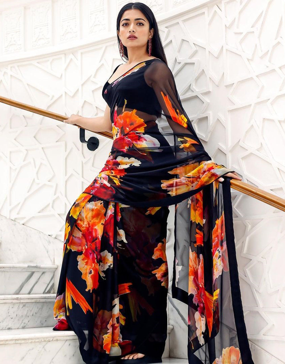 Black Soft Georgette With Digital Printed Saree