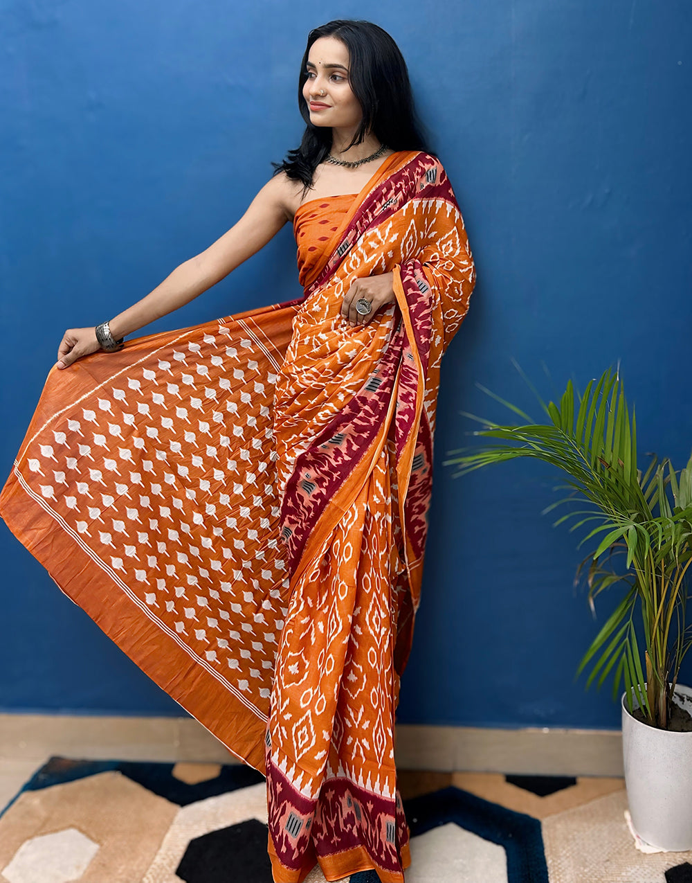 Orange Soft Mulmul Cotton Saree With Printed Work