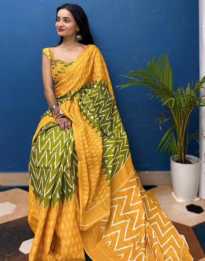 Yellow & Green Pure Soft Mulmul Cotton Saree With Printed Work