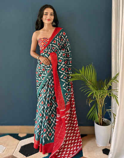 Green Pure Soft Mulmul Cotton Saree With Printed Work