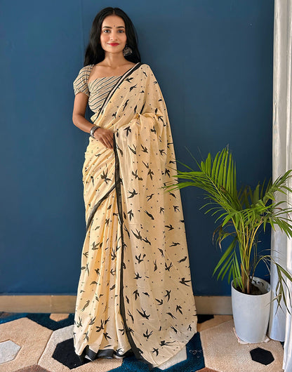 Cream Pure Soft Mulmul Cotton Saree With Block Printed Work