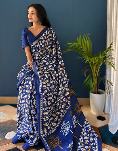 Navy Blue Pure Soft Mulmul Cotton Saree With Block Printed Work