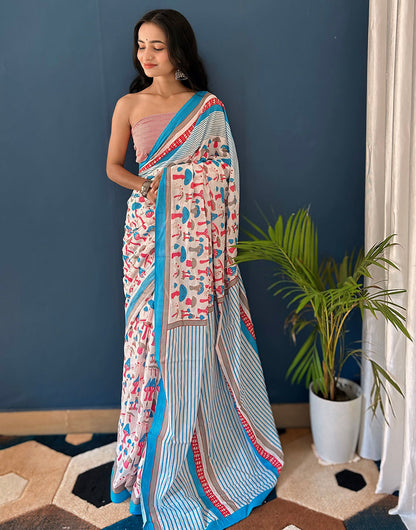 White & Sky Blue Pure Soft Mulmul Cotton Saree With Block Printed Work