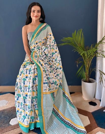 White & Sea Green Pure Soft Cotton Saree With Block Printed Work