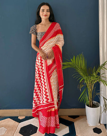 Light Cream & Red Pure Soft Mulmul Cotton Saree With Block Printed Work