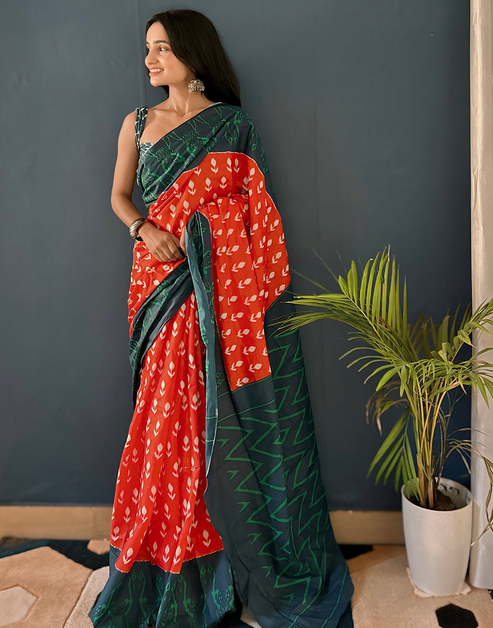 Green & Red Pure Soft Mulmul Cotton Saree With Block Printed Work