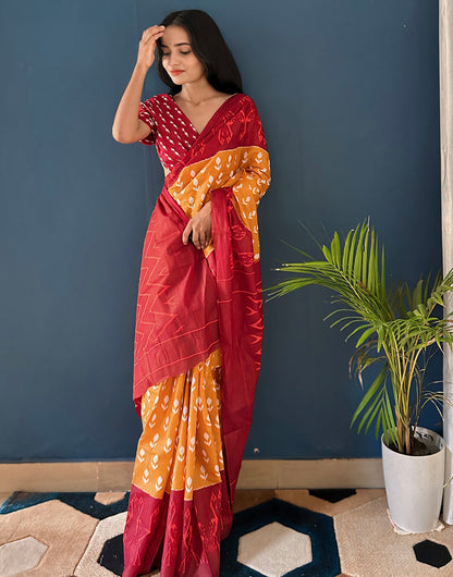 Red & Orange Pure Soft Mulmul Cotton Saree With Printed Work