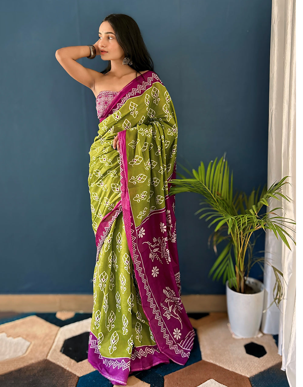 Green & Purple Pure Soft Mulmul Cotton Saree With Block Printed Work