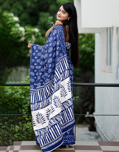 Navy Blue Soft Mulmul Cotton Saree With Block Printed Work