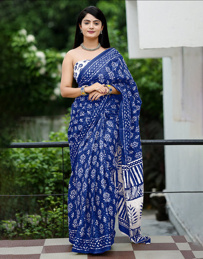 Navy Blue Soft Mulmul Cotton Saree With Block Printed Work