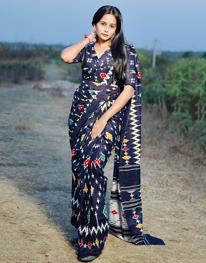 Oxford Blue Pure Soft Cotton Saree With Printed Work