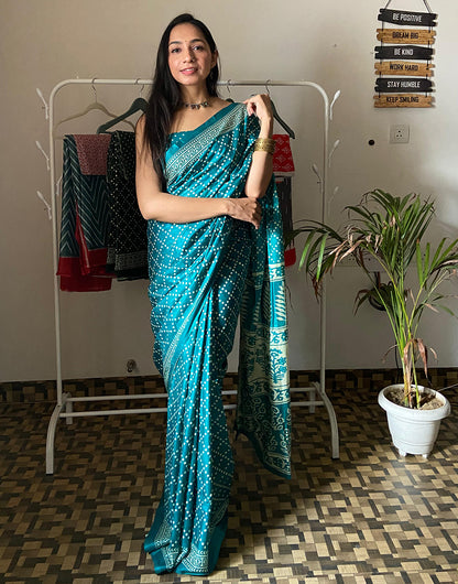 Rama Blue Pure Soft Mulmul Cotton With Printed Work