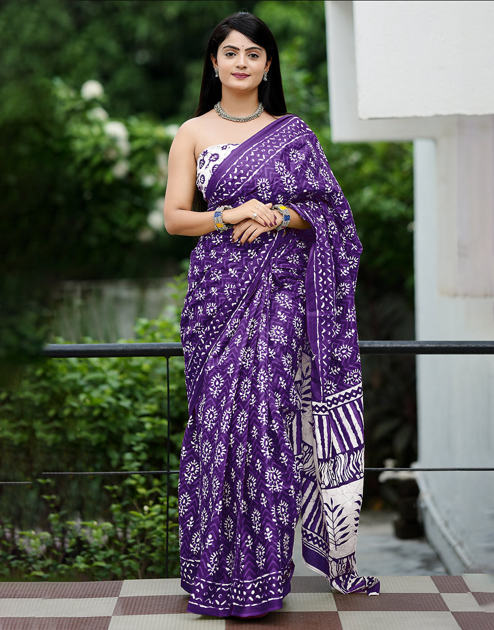 Indigo Purple Soft Mulmul Cotton Saree With Block Printed Work