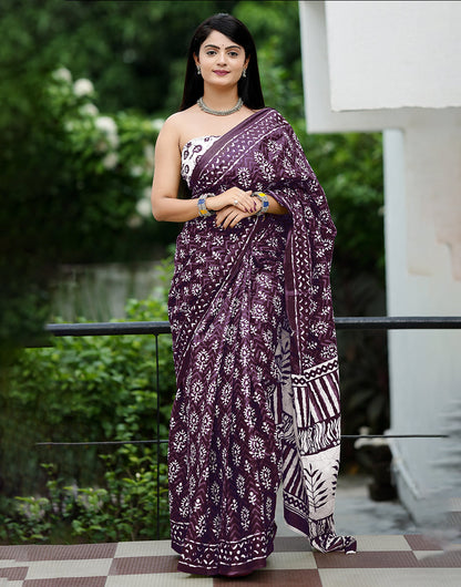 Mulberry Wine Soft Mulmul Cotton Saree With Block Printed Work