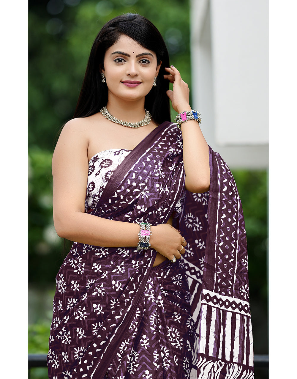 Mulberry Wine Soft Mulmul Cotton Saree With Block Printed Work