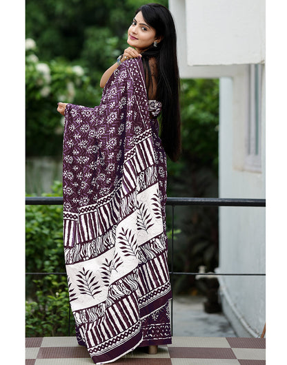 Mulberry Wine Soft Mulmul Cotton Saree With Block Printed Work