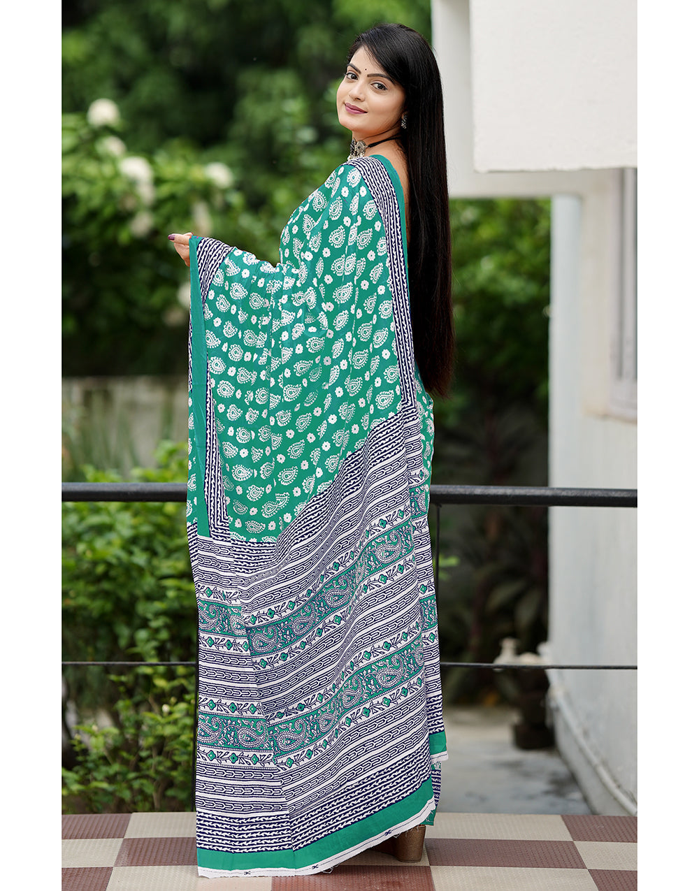 Mint Green Soft Mulmul Cotton Saree With Block Printed Work