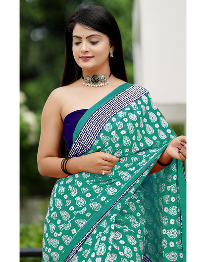 Mint Green Soft Mulmul Cotton Saree With Block Printed Work