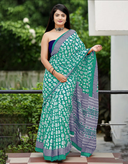 Mint Green Soft Mulmul Cotton Saree With Block Printed Work