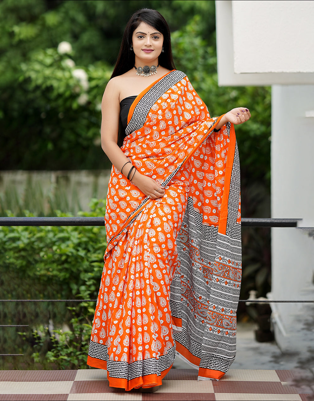 Orange Soft Mulmul Cotton Saree With Block Printed Work