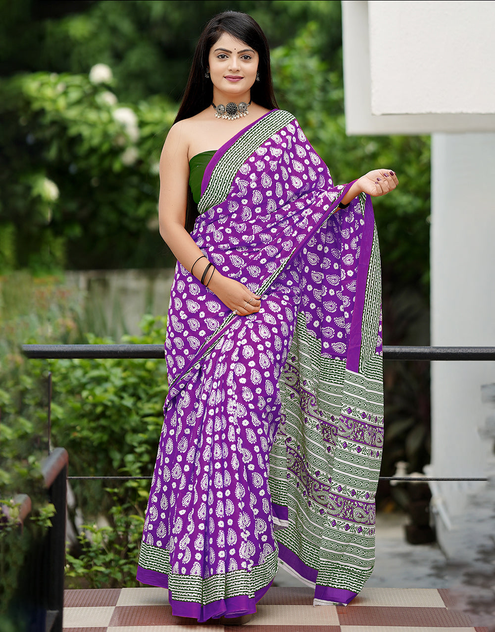 Violet Purple Soft Mulmul Cotton Saree With Block Printed Work