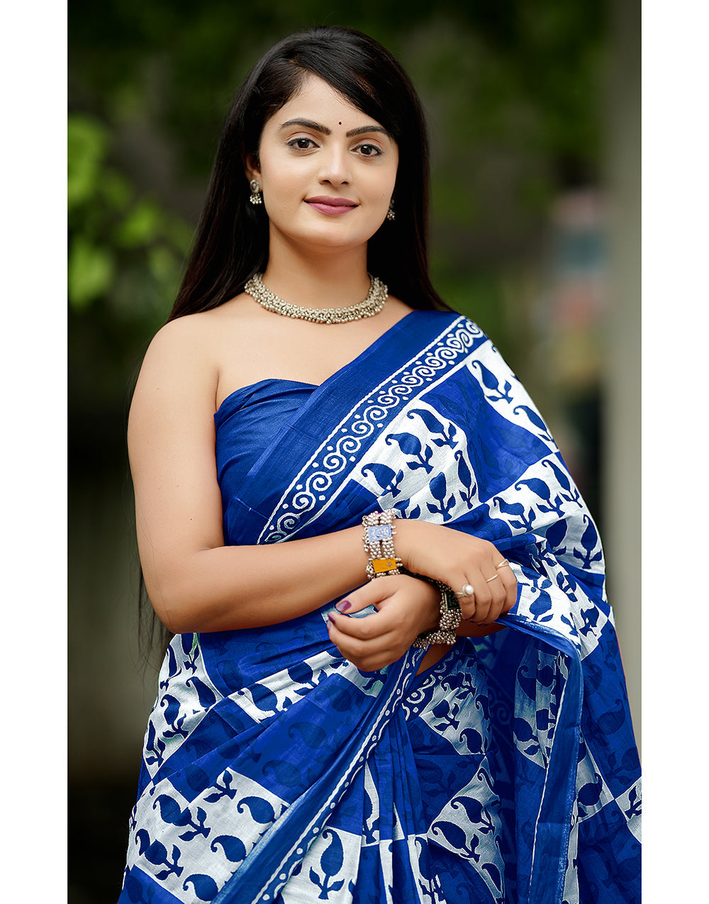 Cobalt Blue Soft Mulmul Cotton Saree With Block Printed Work