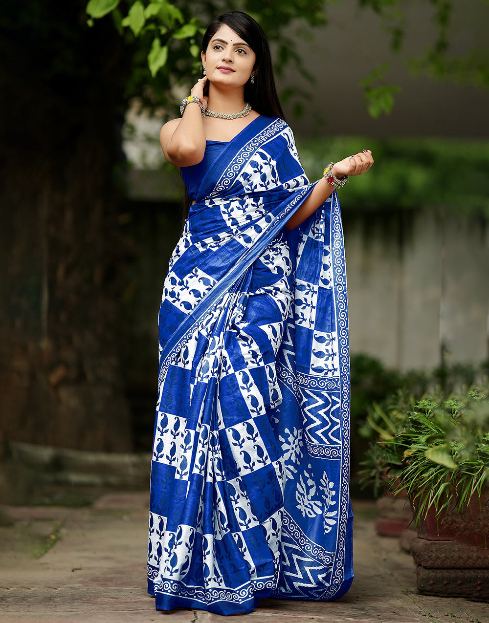 Cobalt Blue Soft Mulmul Cotton Saree With Block Printed Work