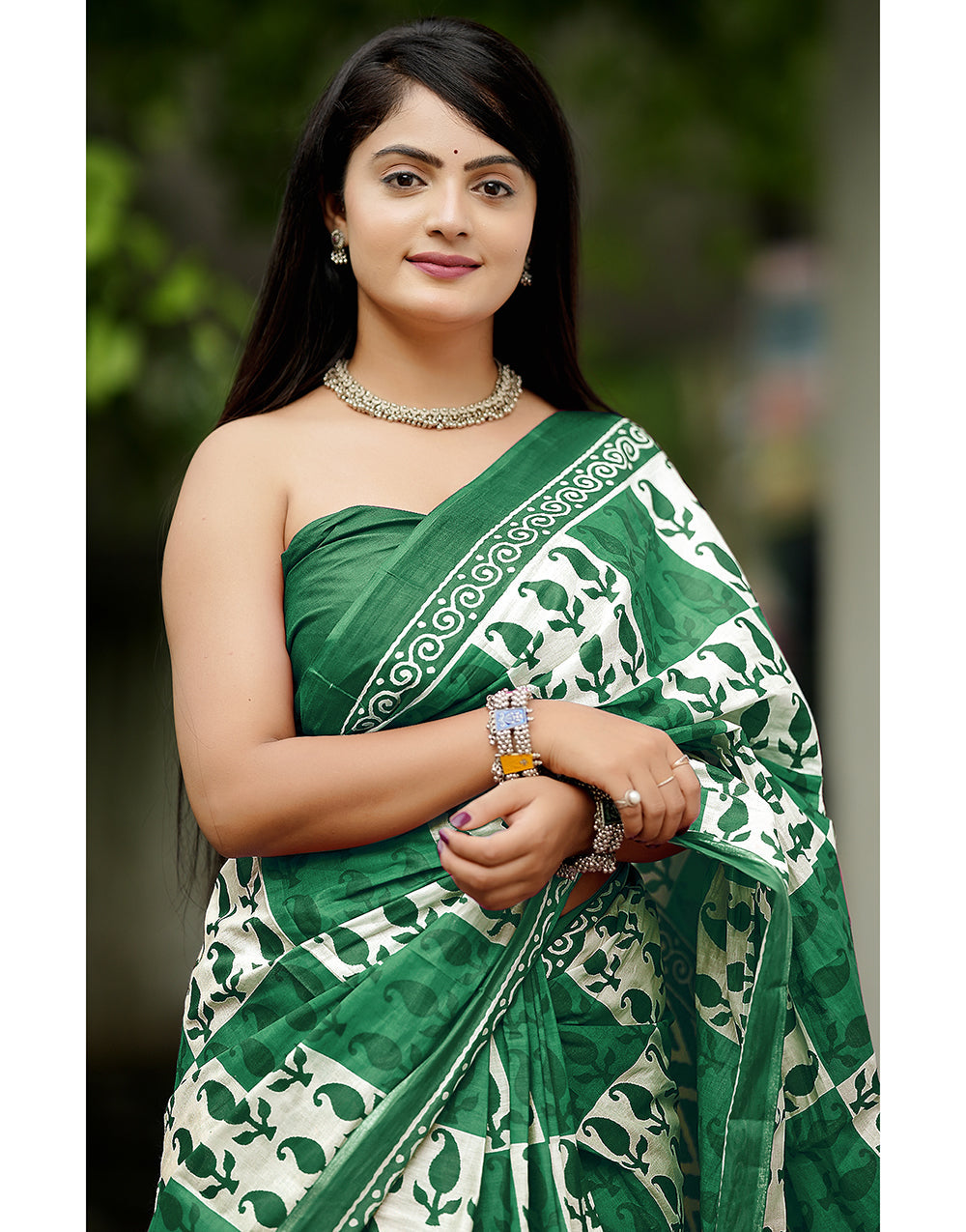 Dark Green Soft Mulmul Cotton Saree With Block Printed Work