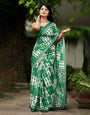 Dark Green Soft Mulmul Cotton Saree With Block Printed Work