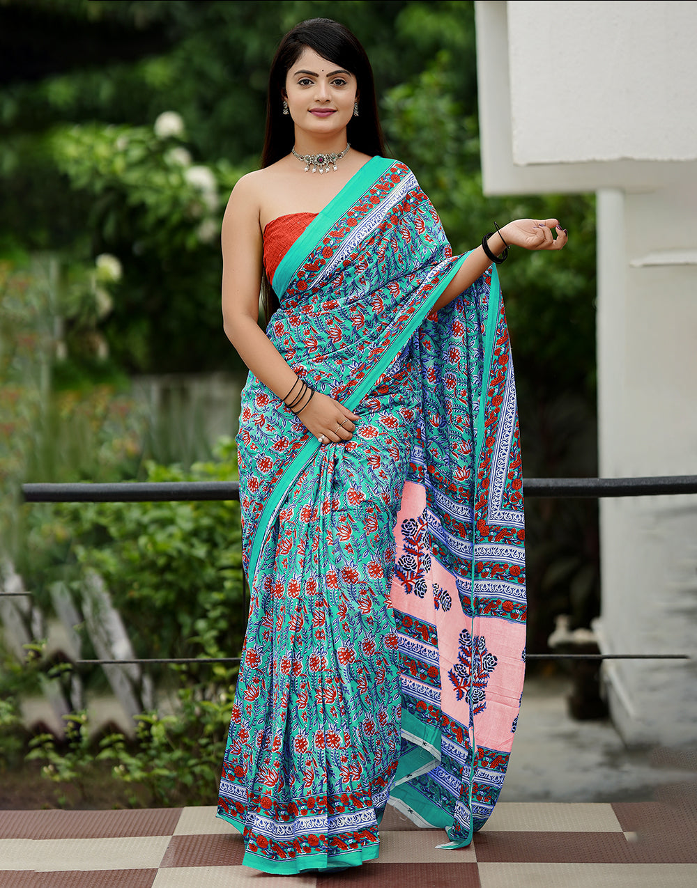 Teal Blue Mulmul Cotton Saree With Block Printed Work