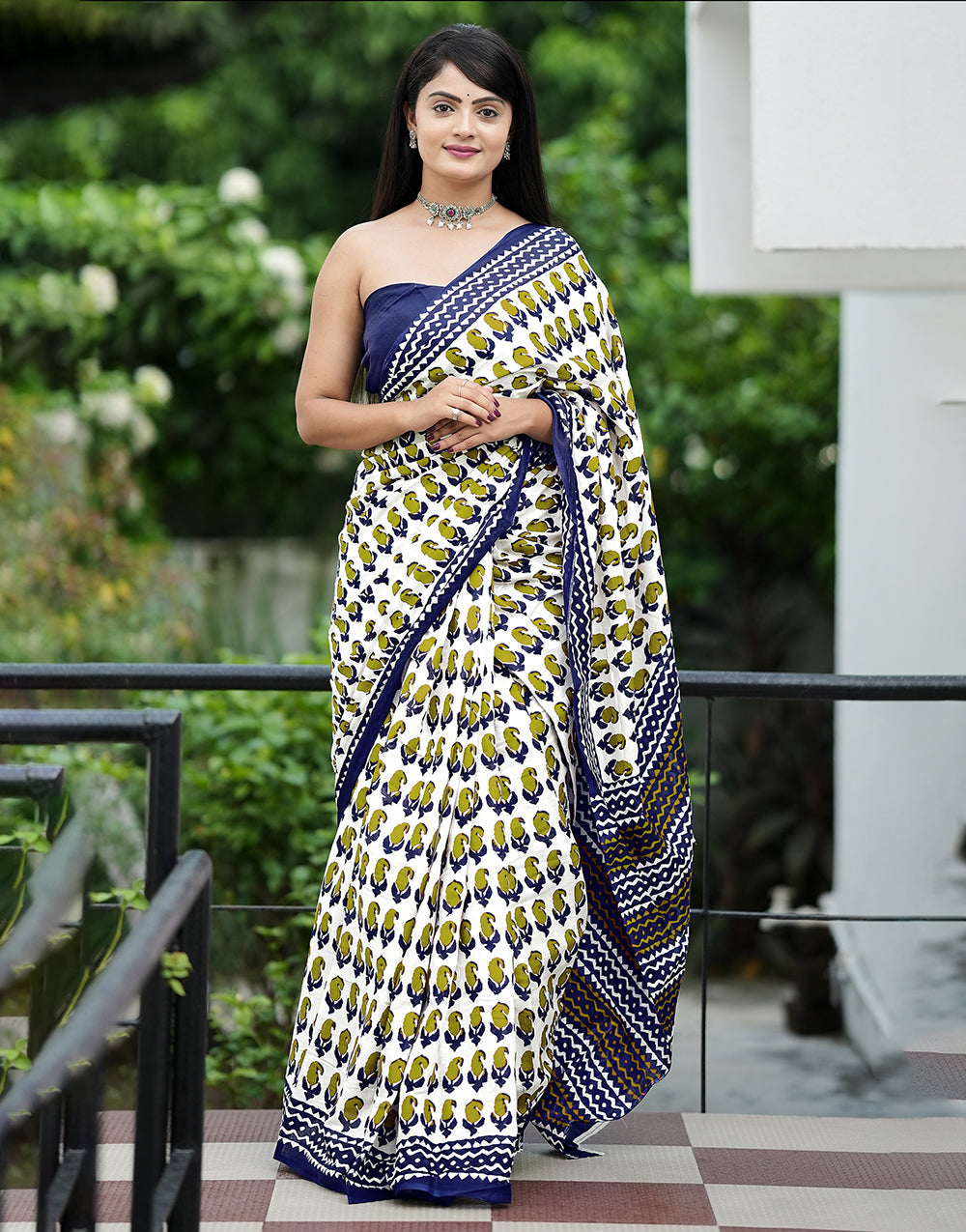 White & Navy Blue Mulmul Cotton Saree With Block Multi Printed Work