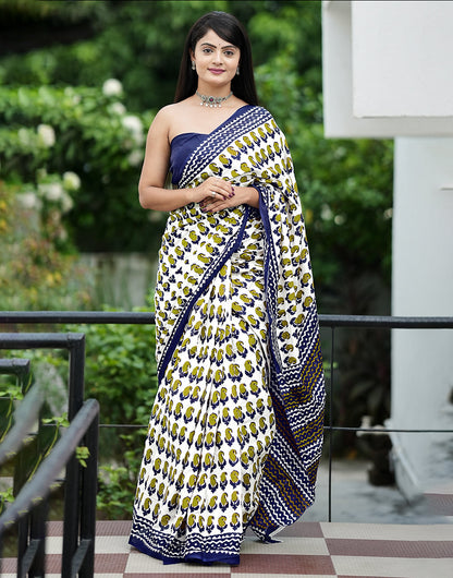 White & Navy Blue Mulmul Cotton Saree With Block Multi Printed Work