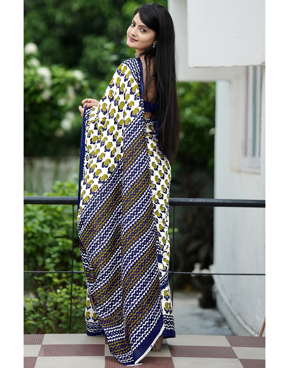 White & Navy Blue Mulmul Cotton Saree With Block Multi Printed Work