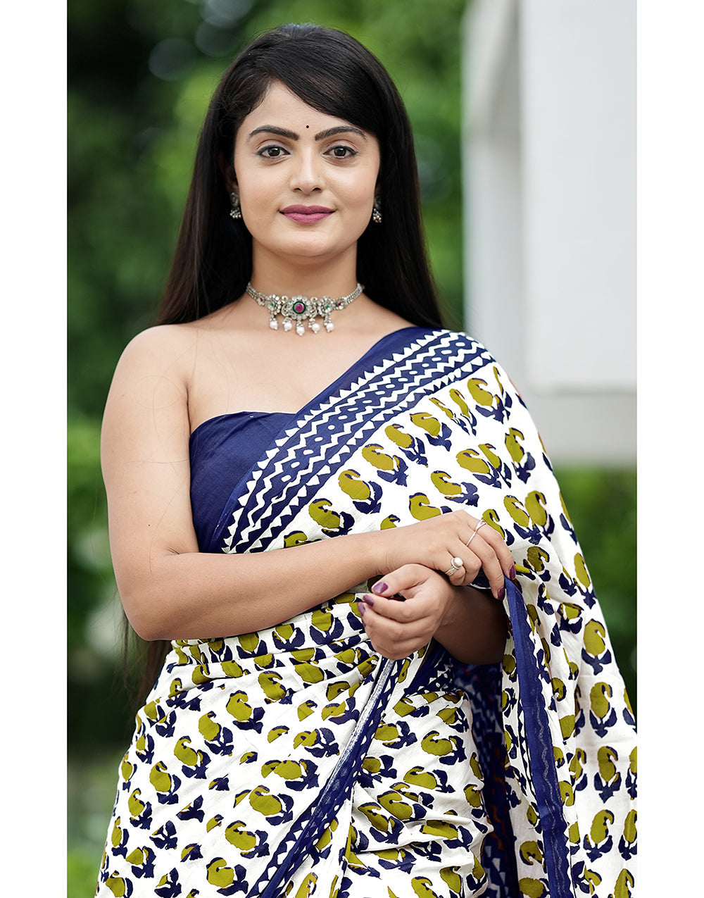 White & Navy Blue Mulmul Cotton Saree With Block Multi Printed Work