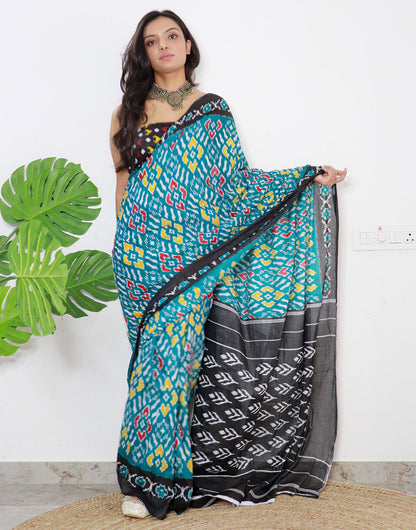 Teal Blue Pure Soft Cotton Saree With Block Printed Work