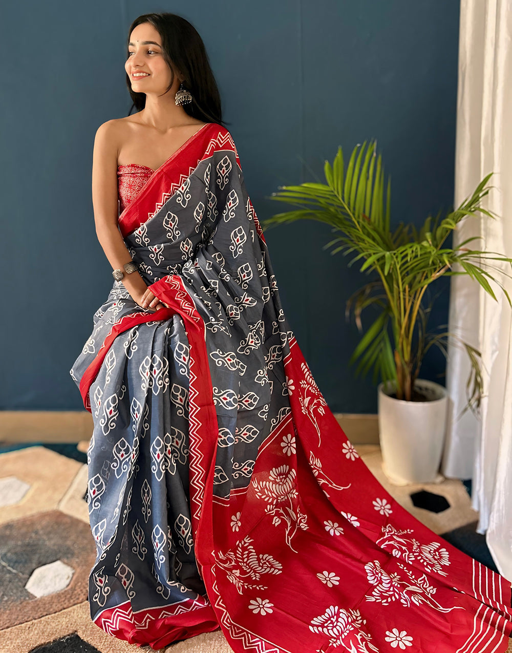 Gray & Red Pure Soft Mulmul Cotton Saree With Block Printed Work