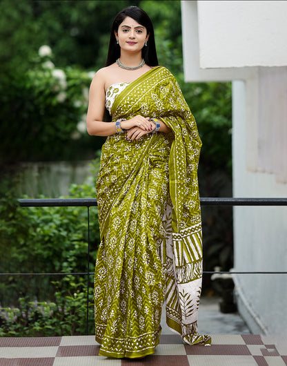 Olive Green Soft Mulmul Cotton Saree With Block Printed Work