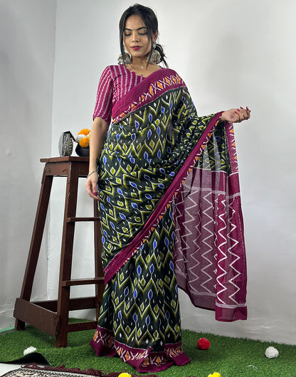 Dark Green & Magenta Pure Soft Cotton Saree With Block Printed Work