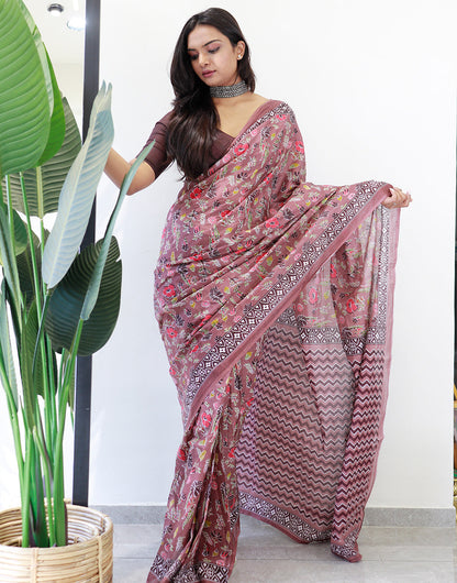 Turkish Rose Pink Pure Cotton Saree With Floral Printed Work