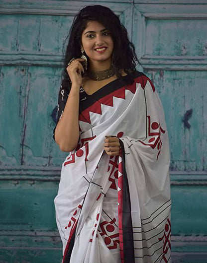 White & Maroon Hand Block Print Jaipuri Pure Cotton Soft Saree