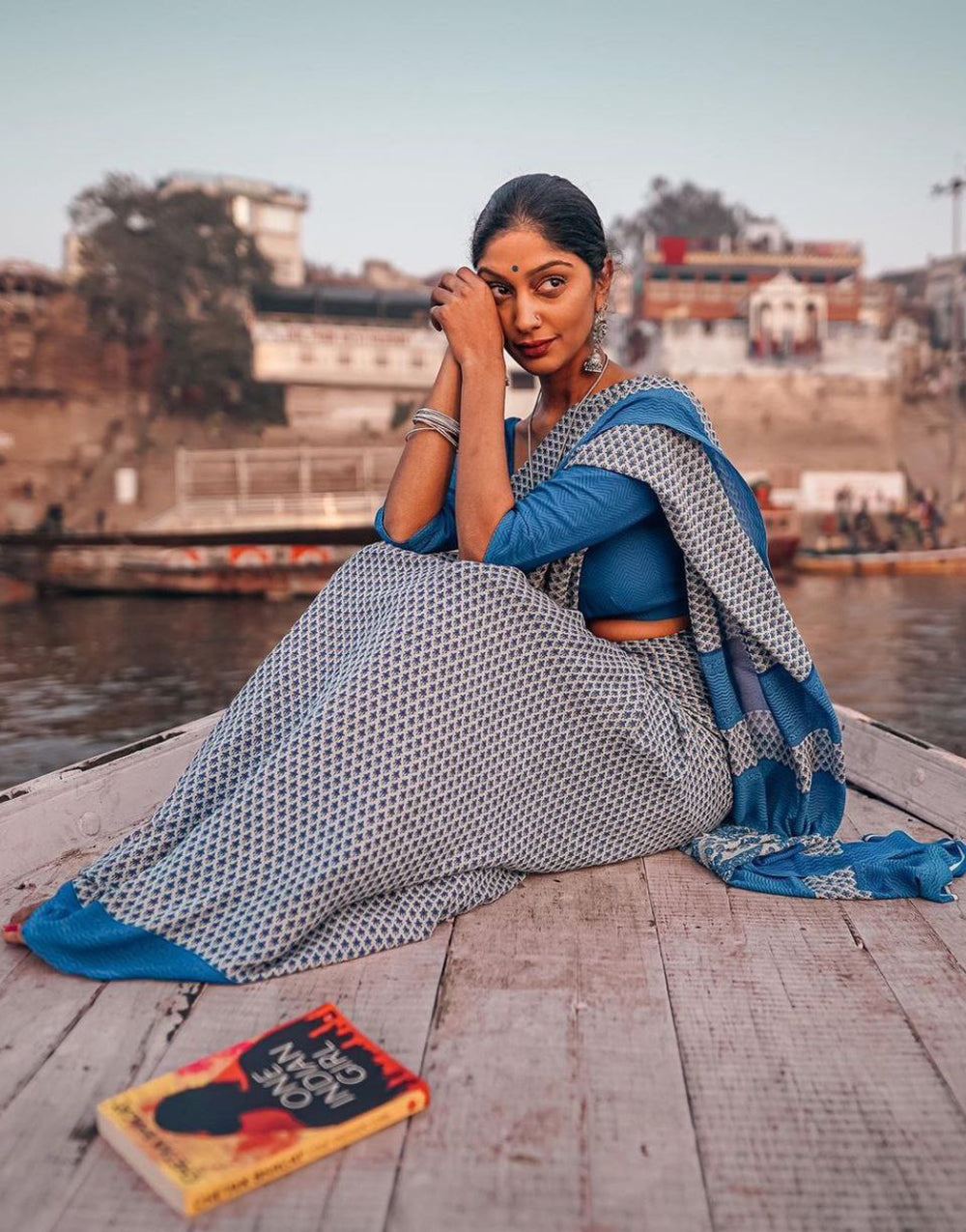 Blue & White Pure Cotton Saree With Printed work