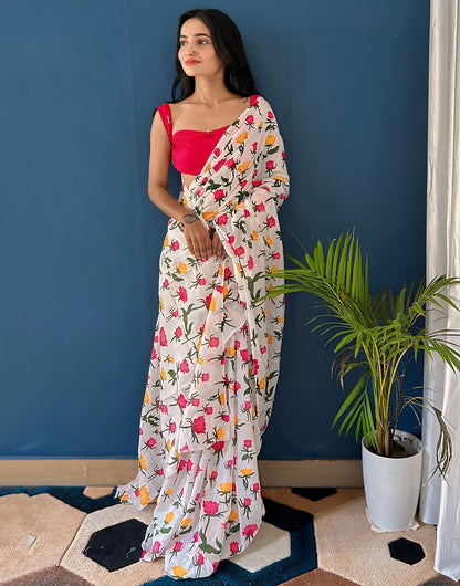 White & Rani Pink Pure Cotton Saree With Floral Printed Work