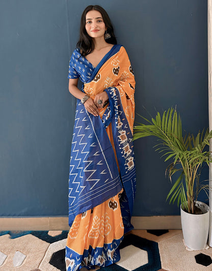 Apricot Orange Soft Pure Cotton Saree With Block Printed Work