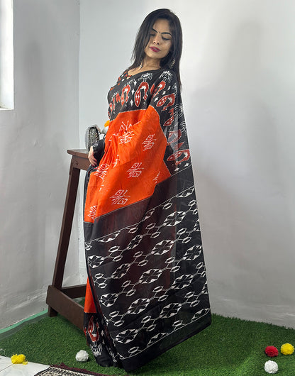 Dark Orange & Black Pure Soft Cotton Saree With Block Printed Work