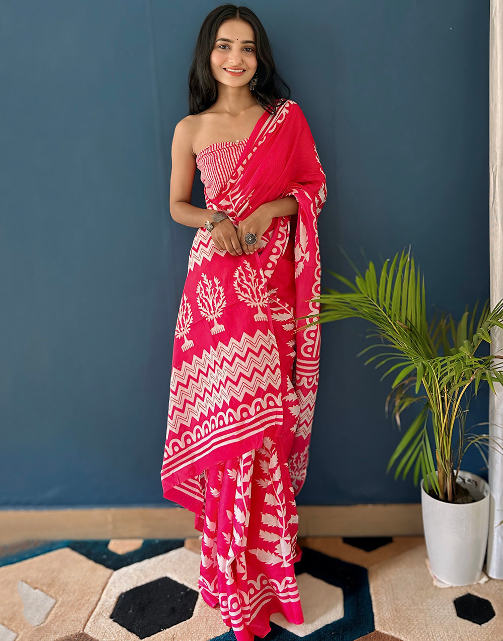 Crimson Red Soft Pure Cotton Saree With Block Printed Work