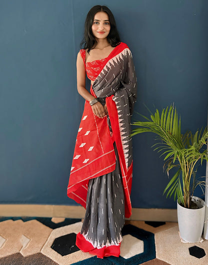 Grey Soft Pure Mulmul Cotton Saree With Printed Work