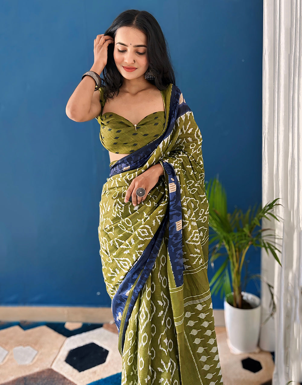 Olive Green Soft Pure Cotton Saree With Block Printed Work